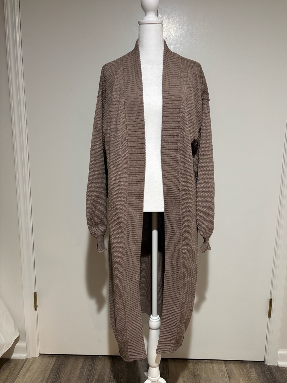 Flat White Long Open-Front Taupe Cardigan